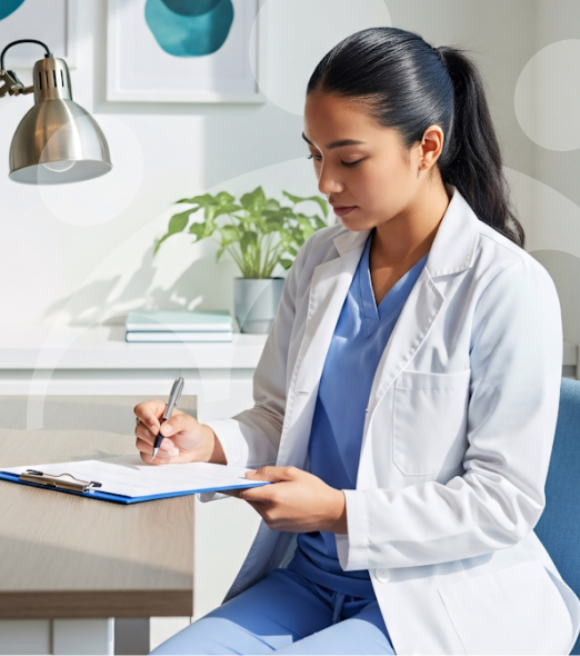 A registered nurse reviewing a care plan
