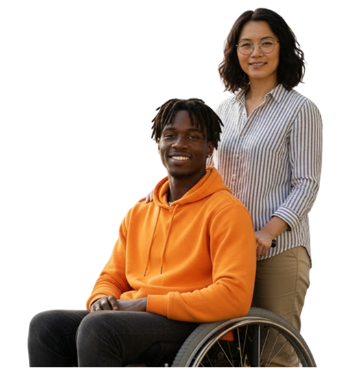 A participant and support worker ready to travel together